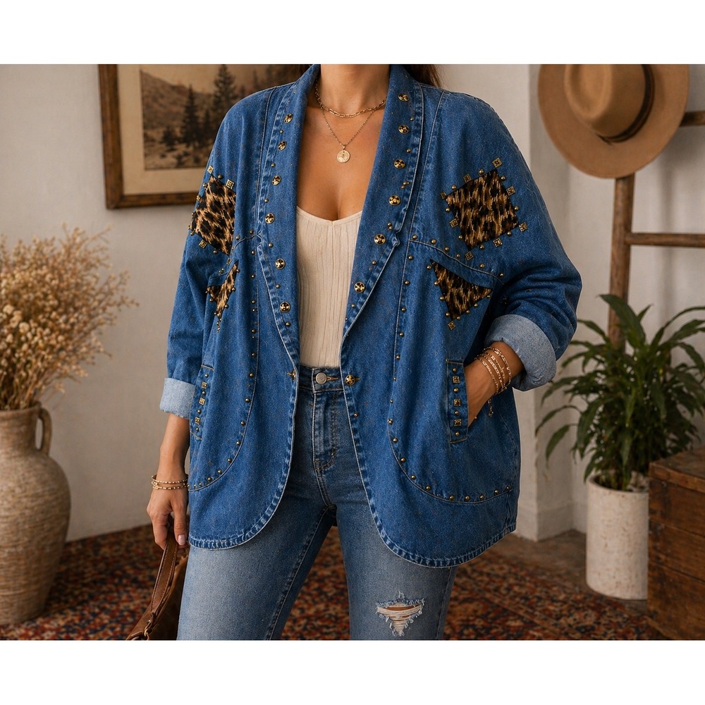 Vintage Studio Genuine Denim Blazer 3X Blue Leopard Print Studded Made in USA